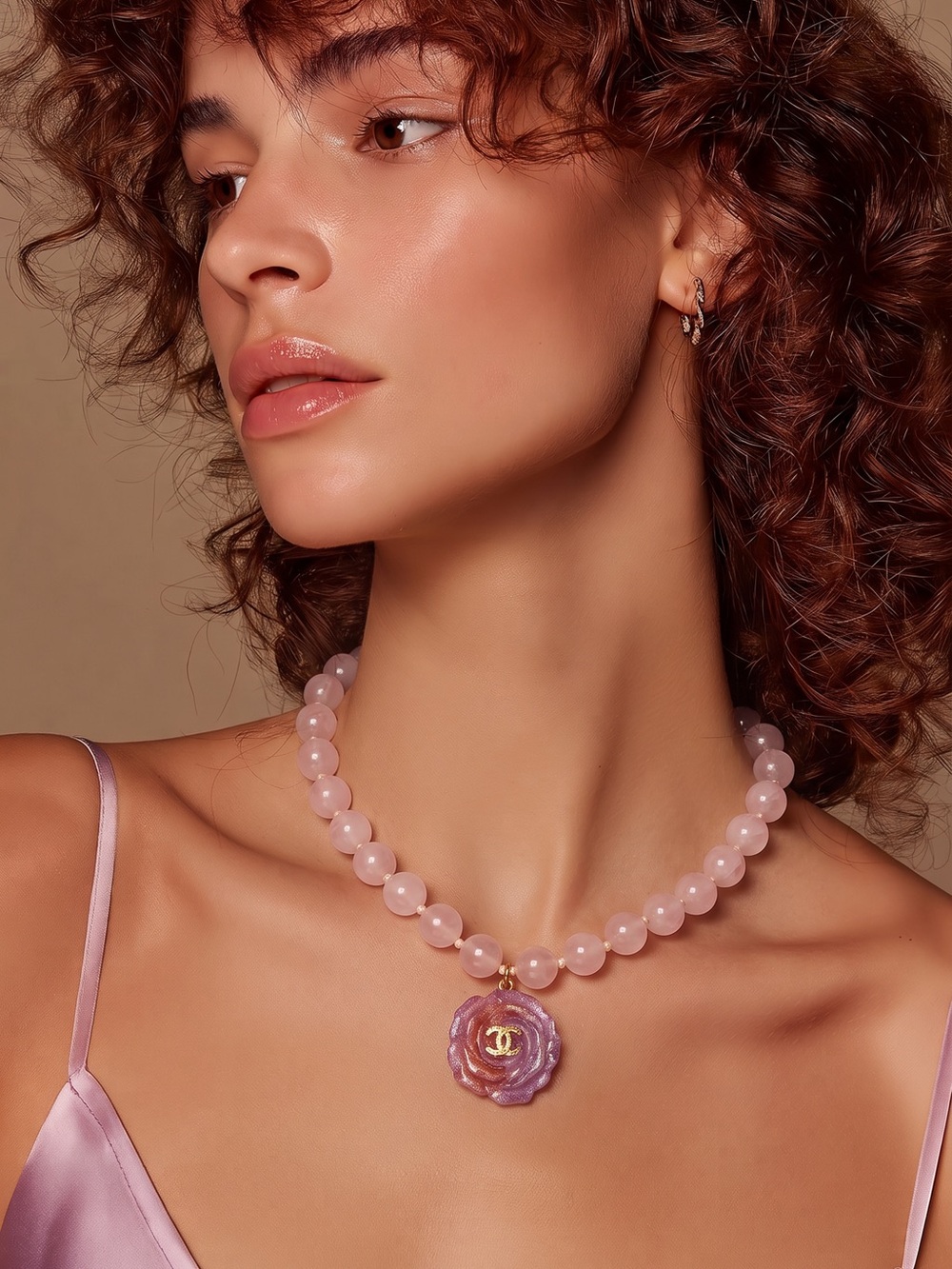 Pink Beaded Necklace with Floral Pendant - Unbranded